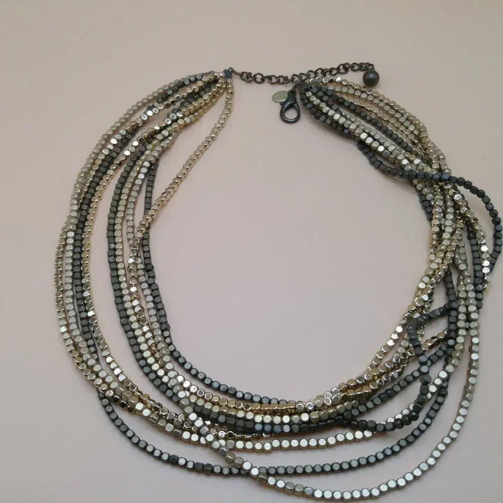 Chico’s Multistrand Metallic Gold Cube Bead Necklace Layered Statement